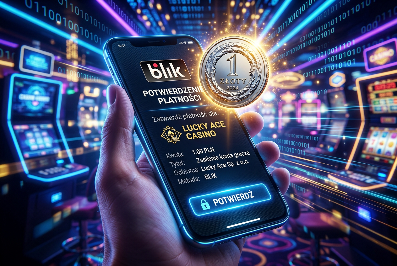 Smartfon wyświetlający potwierdzenie płatności BLIK z monetą 1 zł na tle cyfrowego kasyna