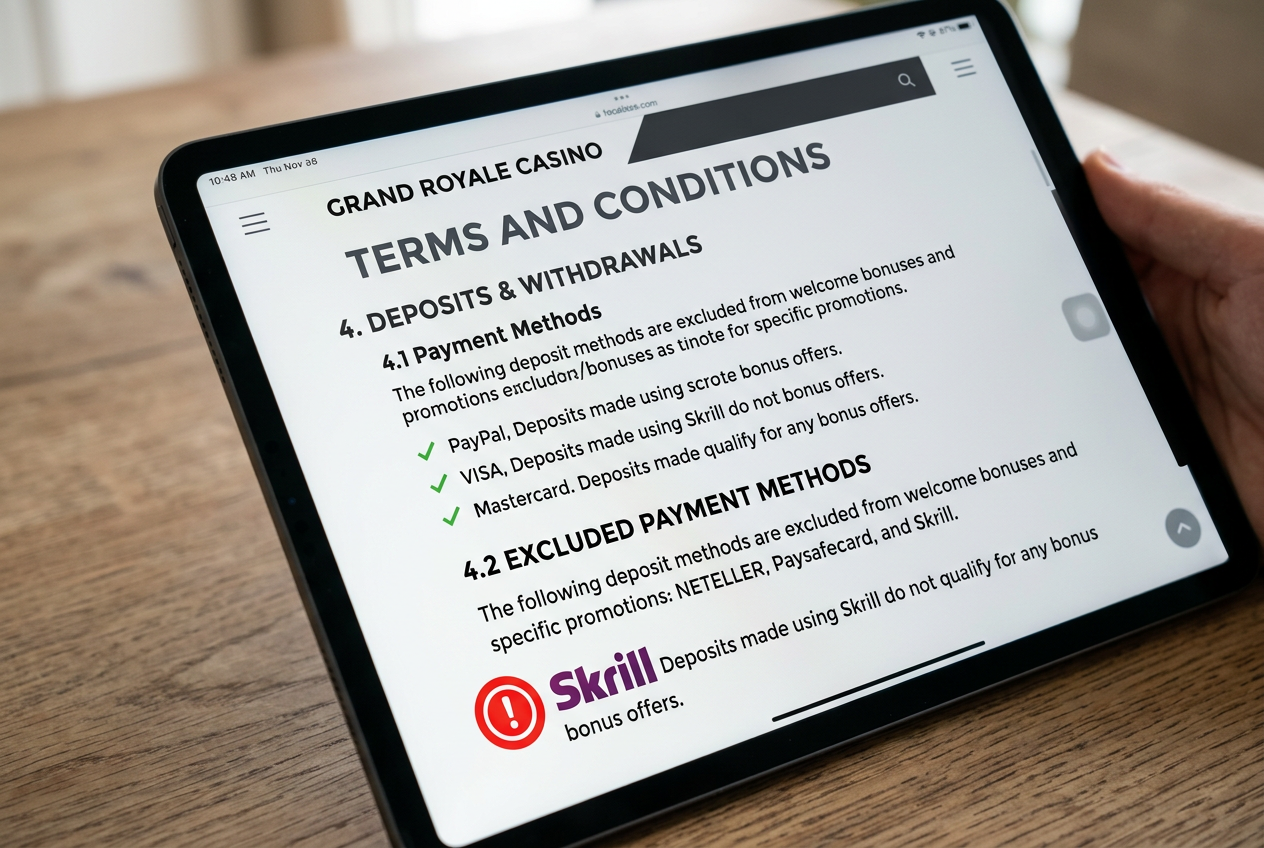 Ekran smartfona z regulaminem bonusu kasynowego i ostrzeżeniem przy logo Skrill