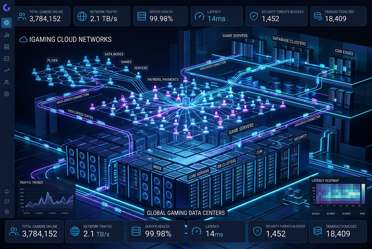 Modern cloud server infrastructure and data analysis dashboard representing casino security