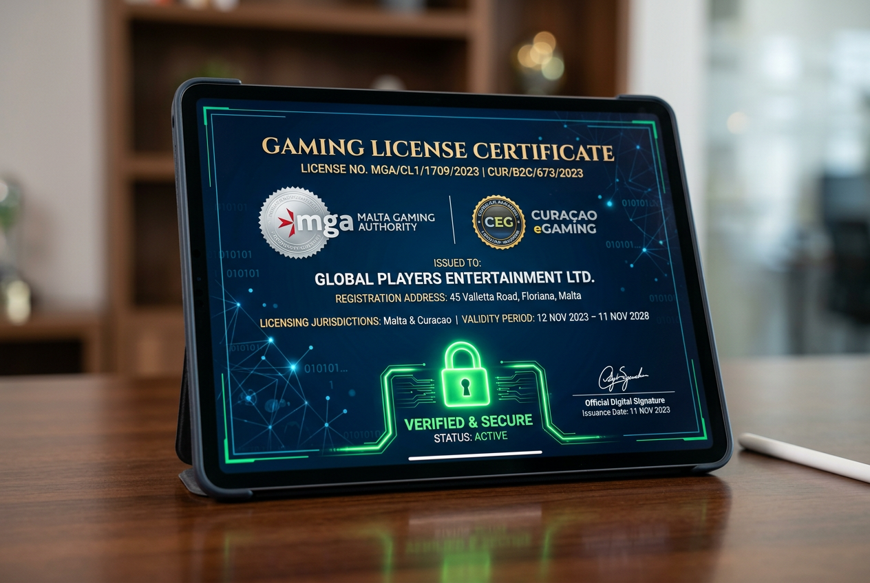 Digital casino license certificate verification on tablet
