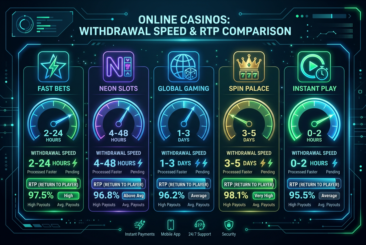 Infografika porównująca współczynniki RTP i szybkość wypłat w czołowych kasynach online 2026