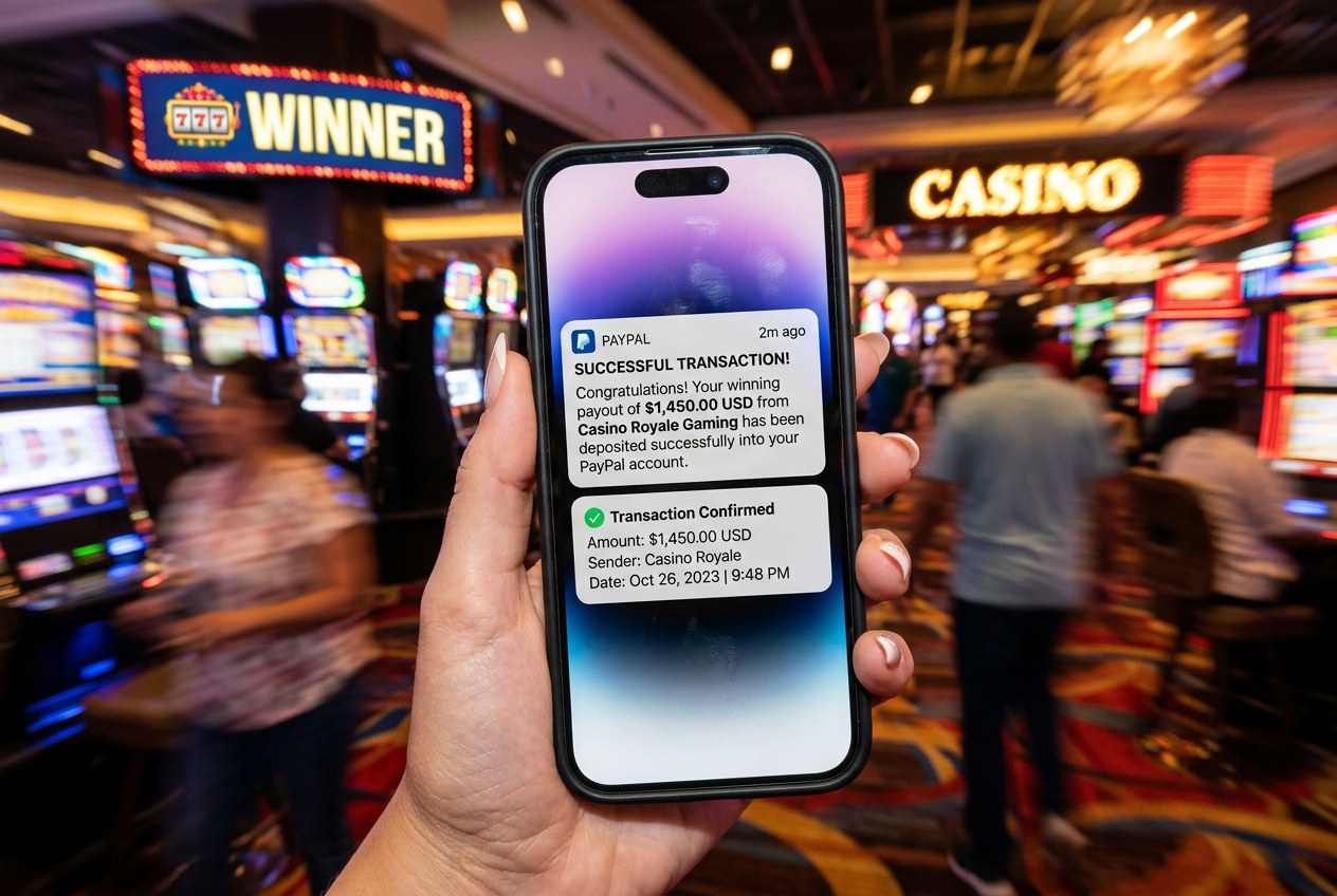 Smartfon z powiadomieniem o udanej wypłacie z kasyna na konto PayPal