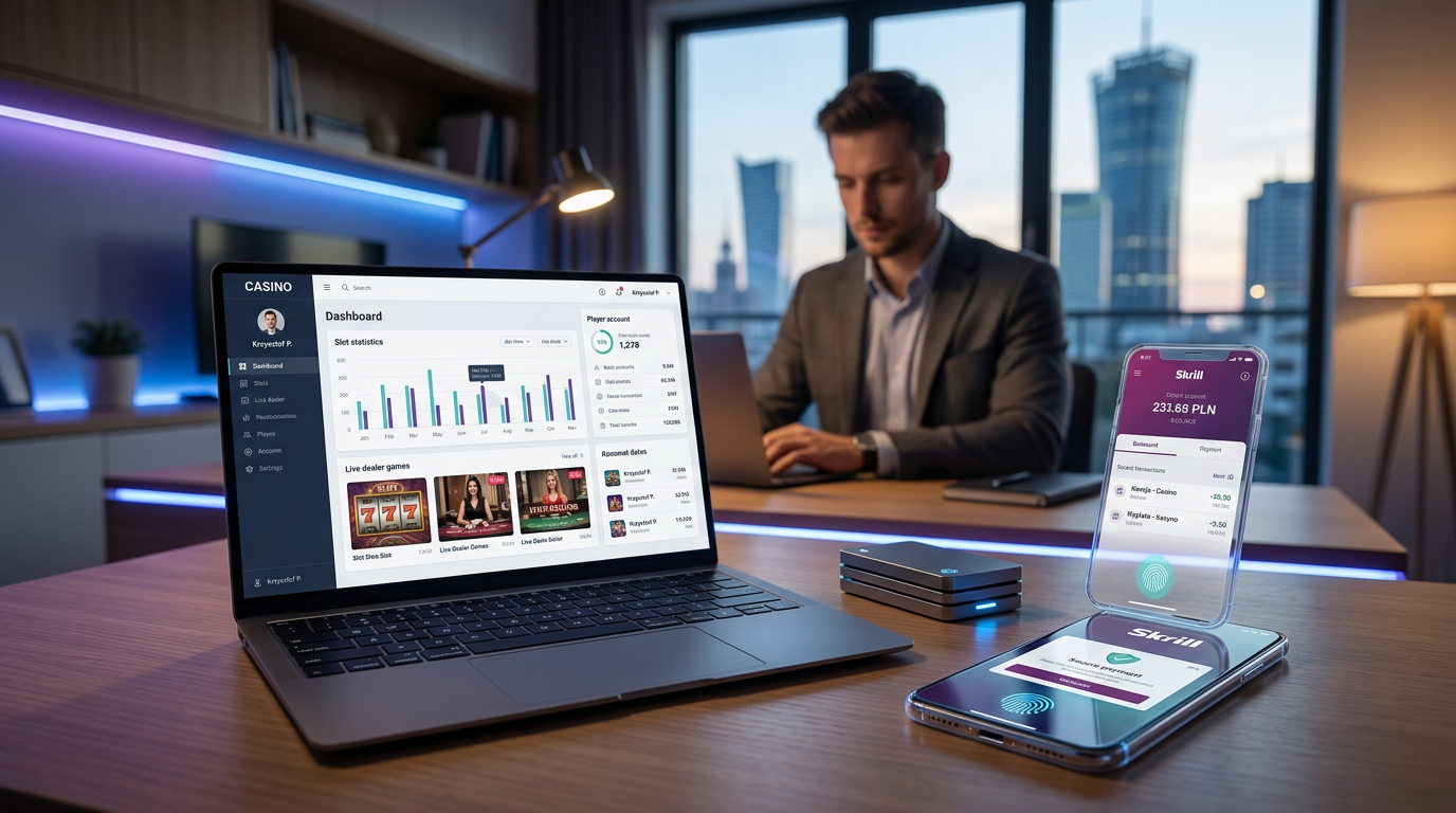 Nowoczesne stanowisko gracza z aplikacją Skrill i kasynem online w 2026 roku