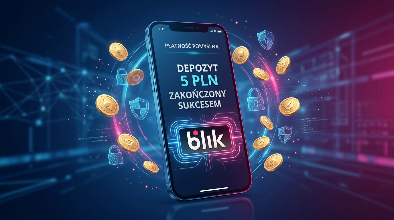 Smartfon z aplikacją kasyna i logo BLIK, symbolizujący bezpieczny depozyt 5 zł