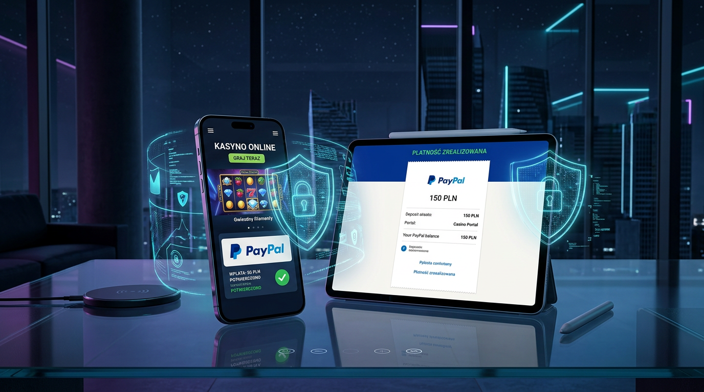 Nowoczesne urządzenia cyfrowe wyświetlające interfejs kasyna i bezpieczne płatności PayPal w 2026 roku.