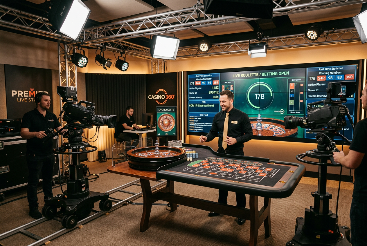 Nowoczesne studio kasyna na żywo z kamerami 4K i technologią OCR do śledzenia kart