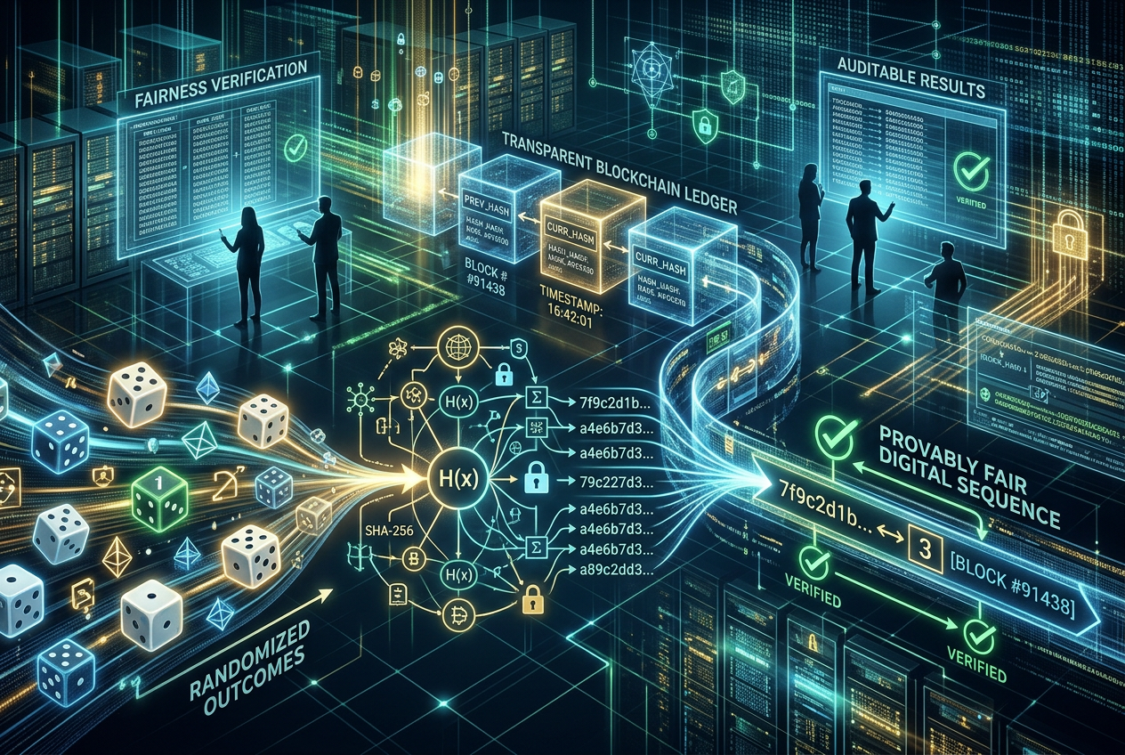 Cryptographic visualization of Provably Fair technology and blockchain RNG systems