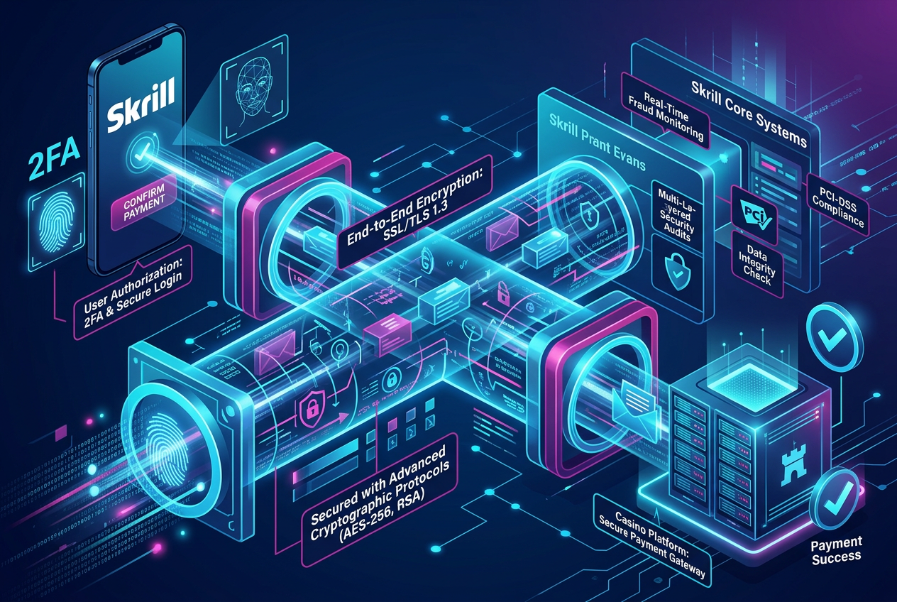 Techniczna infografika przedstawiająca warstwy bezpieczeństwa transakcji Skrill